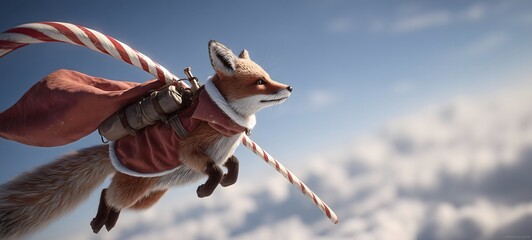 Fototapeta premium Fox flies with candy cane and backpack through clouds
