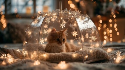 Fluffy cat under a snowflake-adorned umbrella with fairy lights