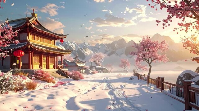 Traditional Chinese Pagoda in Snowy Landscape.