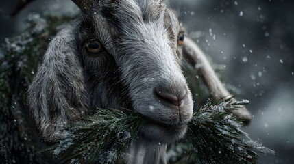 Close-up of a goat in the snow eating pine needles