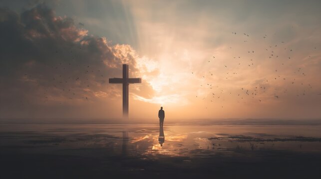 Solitary Figure Approaches Cross Against Dramatic Sunset Sky with Birds