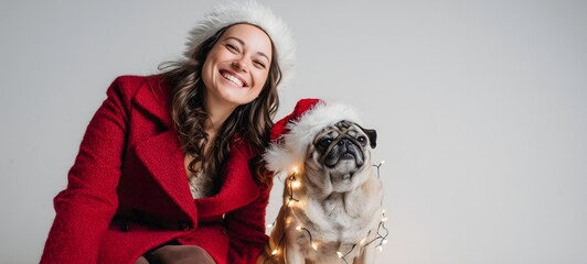 Woman and Pug Celebrate Christmas with Lights and Santa Hats