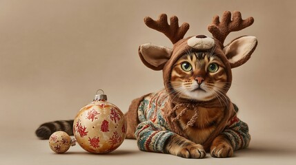 Festive Bengal Cat in Reindeer Costume with Christmas Ornaments