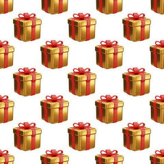 Golden gift boxes with red ribbons in seamless pattern on transparent background, luxury present design for celebration