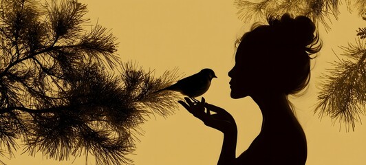 Silhouette of Woman and Bird on Pine Branch at Sunset