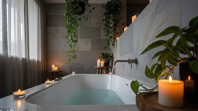 A low-angle dolly shot moving past a sleek, freestanding bathtub in a spa-like bathroom. The room features natural stone tiles and trailing pothos plants