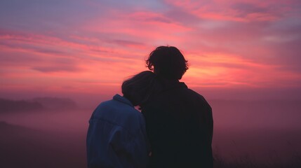 Romantic Couple Silhouetted Against Sunset Sky