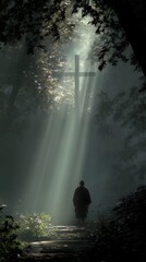 Monk in Sunlight Beams Near Cross in Forest