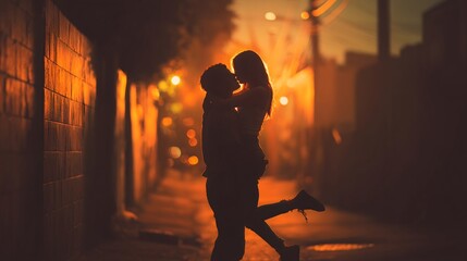 Couple kissing silhouetted against sunset in alley