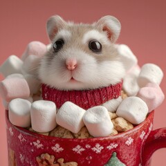 Cute Hamster in Mug of Hot Chocolate with Marshmallows