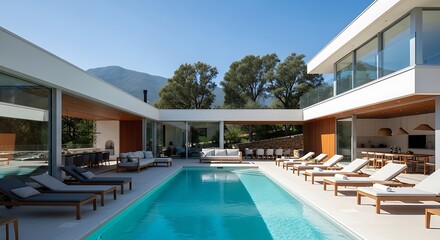 Fototapeta premium Modern villa with pool, lounge chairs, and open-plan living areas under a sunny sky