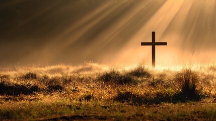 Cross in misty sunrise rays over grass field