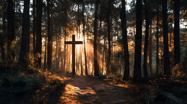 Wooden Cross in Sunlit Forest Path