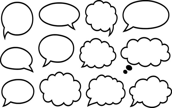 Various speech and thought bubbles set with black outline and white fill on transparent background for comic book dialogue and simple cartoon communication icons