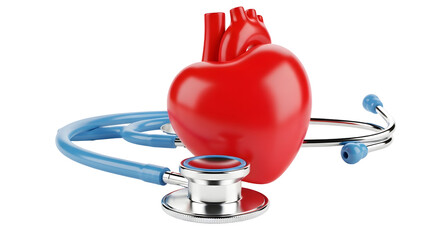 Realistic 3d model of a vibrant red anatomical human heart resting near a coiled light blue stethoscope ready for medical examination on transparent background