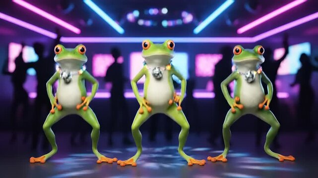Three whimsical cartoon frogs dance together in a nightclub with partygoers, humorous, colorful, dynamic pose, generative AI, digital painting