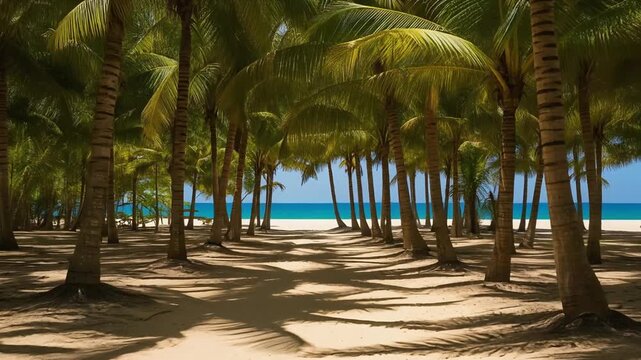 A dolly shot moving smoothly along a sandy path winding through a dense grove of coconut palms, with a glimpse of the brilliant blue ocean and sky at the end of the path