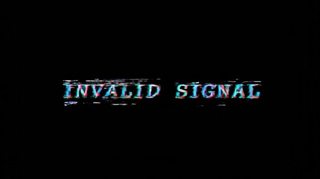 Dynamic digital glitch sequences emphasizing flashing invalid signal messages and visual disruptions in a high-tech environment