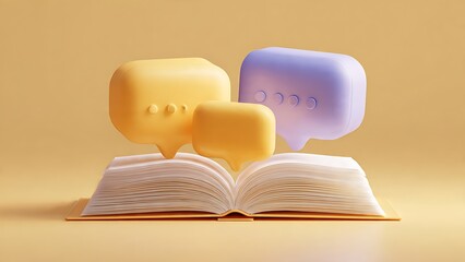 Fototapeta premium 3D open book with colorful speech bubbles representing education and communication.