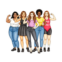 Obraz premium Diverse women of different ethnicities and body types posing together watercolor illustration for female empowerment