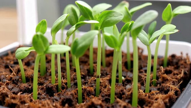 Time-lapse of young plant sprouts growing in soil.