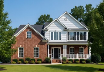 Beautiful suburban home with brick and white siding exterior