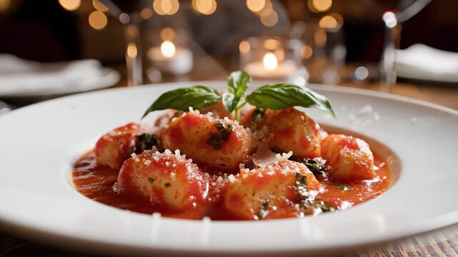 Delicate gnocchi in rich tomato sauce, garnished with basil and cheese
