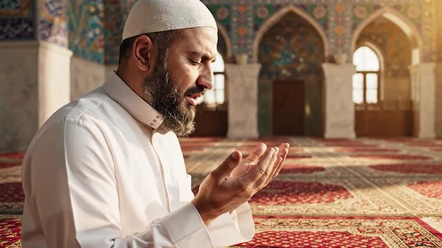 Bearded man in white attire prays with hands cupped upwards inside a mosque