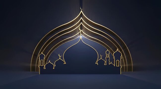 Mosque Dome Silhouette with Gold Accents for Ramadan Eid Hari Raya Aidilfitri Dome Scene in 3D, Islamic Festival Background