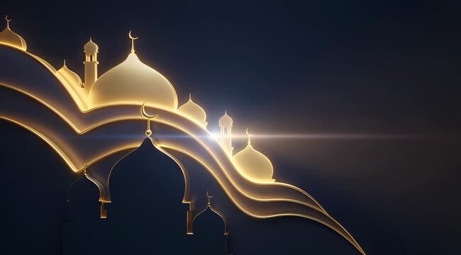 Mosque Dome Silhouette with Gold Accents for Ramadan Eid Hari Raya Aidilfitri Dome Scene in 3D, Islamic Festival Background