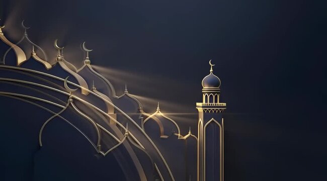Mosque Dome Silhouette with Gold Accents for Ramadan Eid Hari Raya Aidilfitri Dome Scene in 3D, Islamic Festival Background