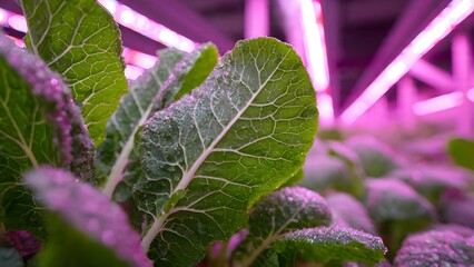 A close-up view of vibrant green leaves growing under purple LED lights in an indoor hydroponic garden