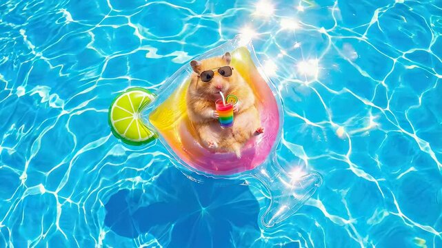 Hamster with sunglasses in a drink floatie in blue pool water. Animal relaxing in summer, vacation concept.
