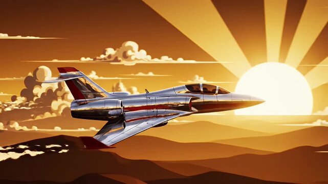 Sleek private jet flying through golden clouds at sunset