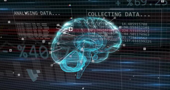 On data arrival, hologram cyan brain rotating, nodes sending tags, HUD collecting data for analysis