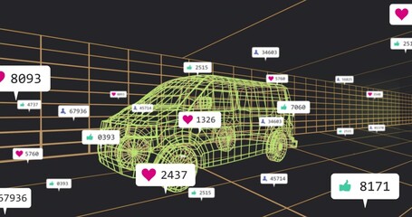 Displaying neon green wireframe van hovering in 3D grid space, with orange grid and reaction badges © vectorfusionart