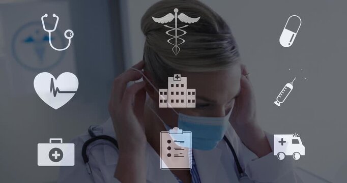 Clinician fastening blue mask before patient exam threading ear loops while icons overlaying