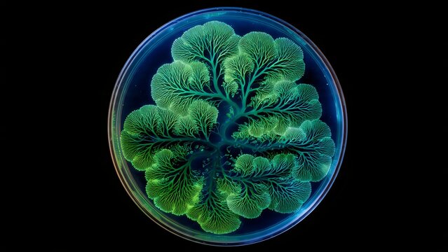 A vibrant green plant growing in a circular petri dish on a black background