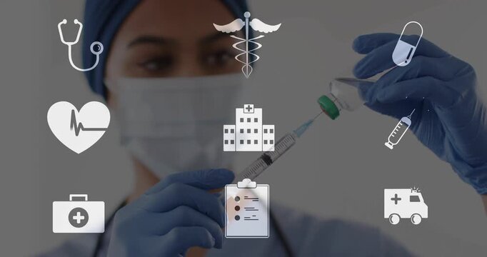 Female nurse inserting needle into vial, drawing vaccine dose for shot with overlaid medical icons