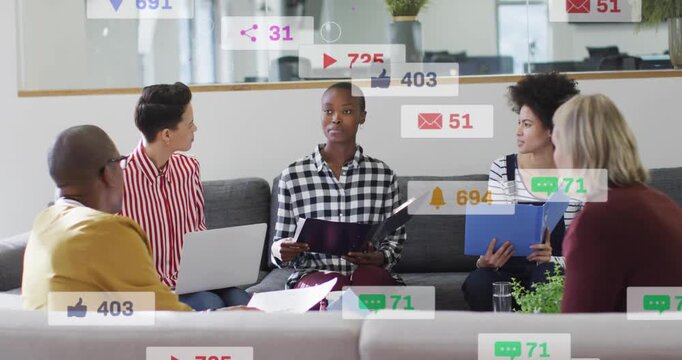 Woman presenting from folder, initiating marketing badges flooding then fading refocusing team