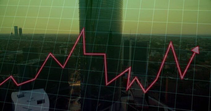 Red line graph entering left, rising and dipping over grid, showing market trend near round tower
