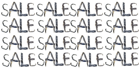 Obraz premium Pattern of Sale Text on Black Background.Repeating pattern of sale word created from handmade crumpled aluminum foil letters. Metallic typography background 