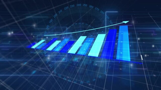 Faint grid appearing, 3D bar chart rising left to right, cyan arrow drawing up indicating growth