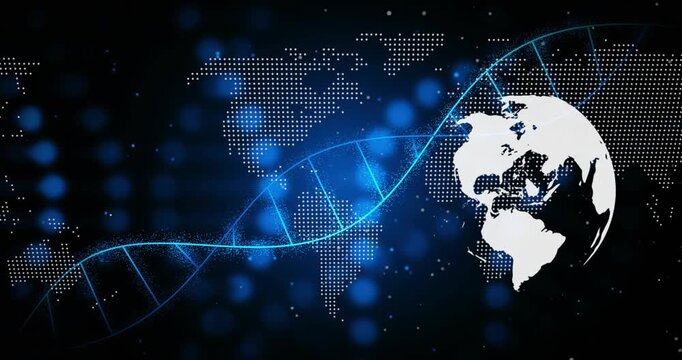 Helix glowing sparking dots, DNA sliding right past map to rotating globe, showing global links