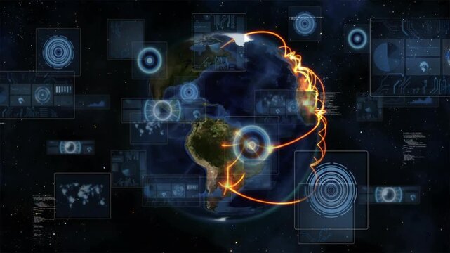 3D globe rotating, nodes pulsing and launching orange arcs across Atlantic, showing data links