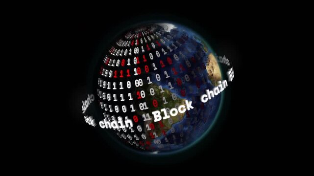 On load globe rotating, bits spiraling while Block chain ring circling equator, showing blockchain