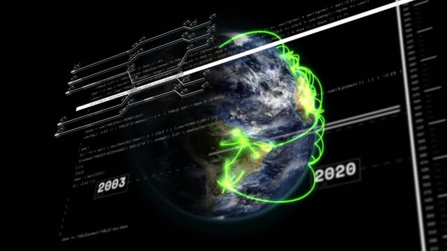 Boxed year appearing, digital globe rotating, neon arcs forming and brightening, showing timeline