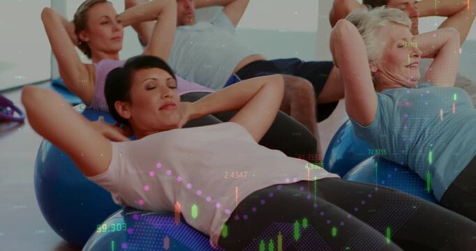Camera widening front woman doing crunches on blue ball in fitness class, data overlaying group