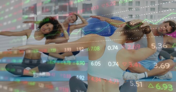 Instructor raising arm cueing side bends, class mirroring for fitness, finance overlay scrolling