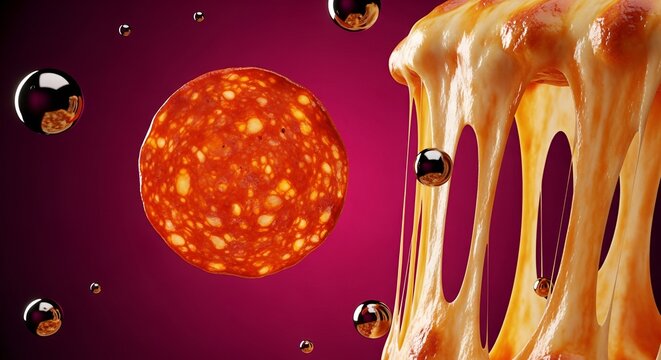A sliced pepperoni disk and stringy cheese melt with reflective spheres against a vibrant purple